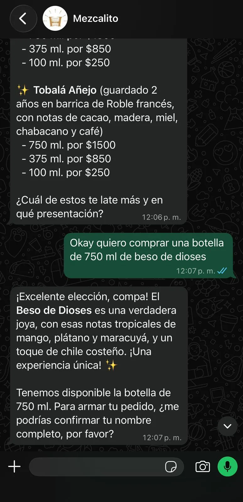 Paso 1: solicitar mezcal por WhatsApp
